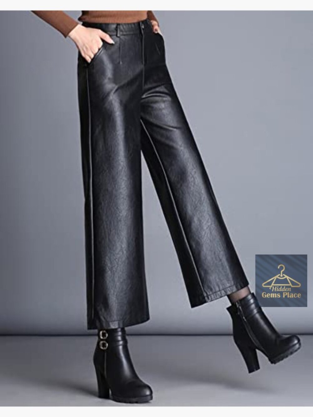 High Waist Wide Leg Faux Leather Palazzo Pants Elastic Waist - Picture 2 of 7
